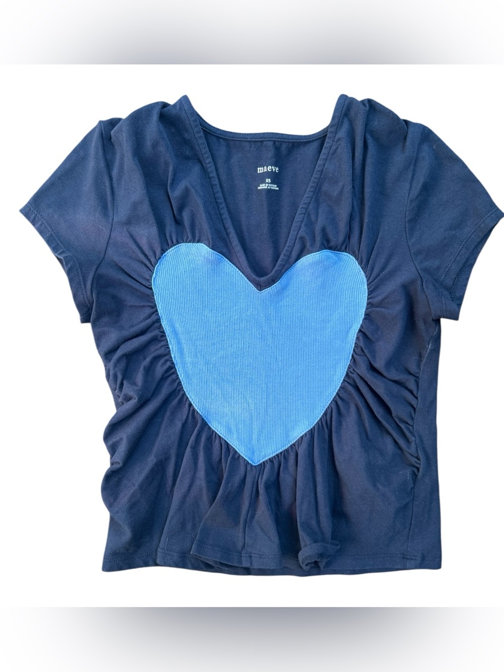 Maeve Heart Embellished V-Neck Tee Blue Size XS Babydoll Shirt